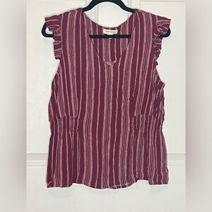 Faith and Joy Monteau Burgundy Stripe Peplum Blouse XL Ruffle Sleeve Boho